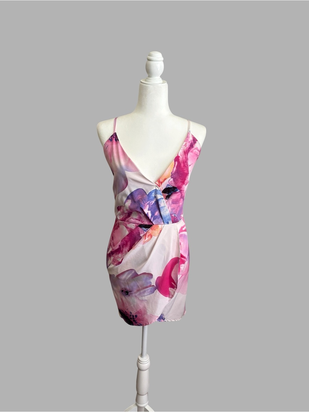 Pink Floral Wrap-Style Spaghetti Strap Mini Dress